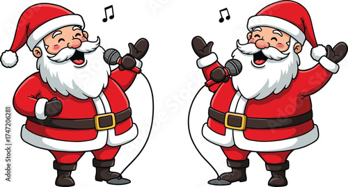 Santa singing, Christmas joy, cartoon character, festive music, holiday cheer, microphone performance, musical notes, red suit, winter celebration, jolly expression