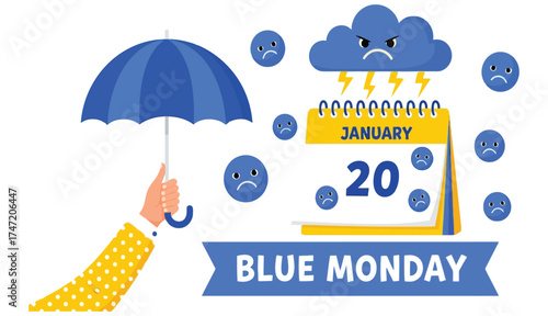 Blue Monday concept with sad clouds and calendar january