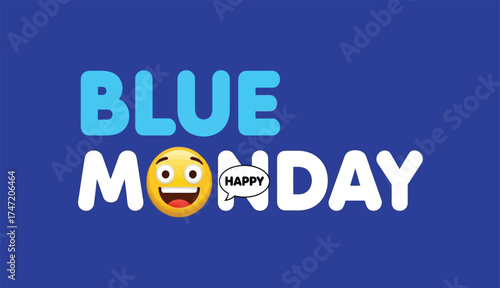 Happy Blue Monday text with smiling emoji typography