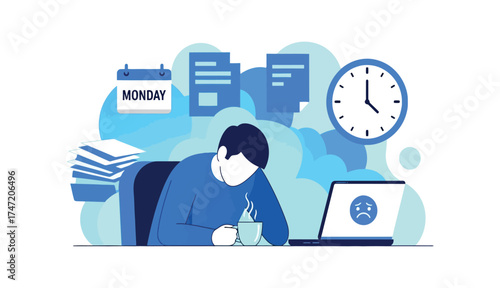 Overworked man at desk with sad face on laptop blue monday