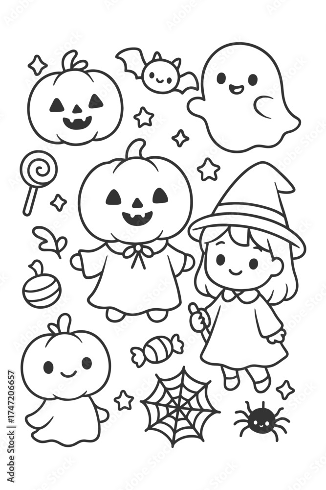 Fototapeta premium Smiling face vector illustration set for coloring book outline drawing - Halloween doodle