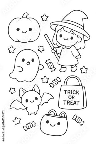 Funny cartoon vector character set with silly faces and doodle drawing art - Halloween coloring