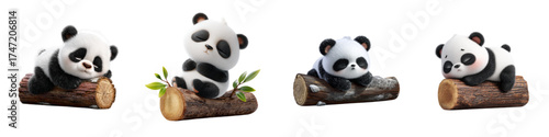Adorable baby panda bears resting on logs showcase delightful charm and innocence, perfect for children's illustrations, nursery decor, and heartwarming animal-themed projects