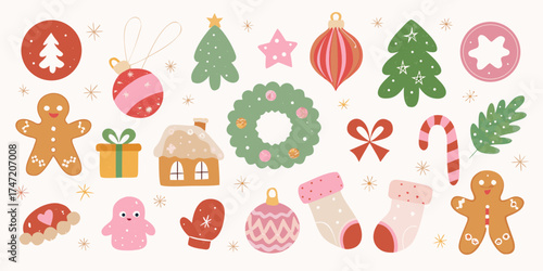 Charming collection of hand drawn christmas elements with festive decorations and sweet treats