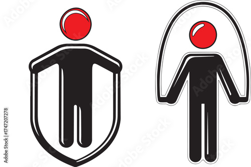 Black silhouette of a person with a red circle head holding a jump rope and a shield emblem vector