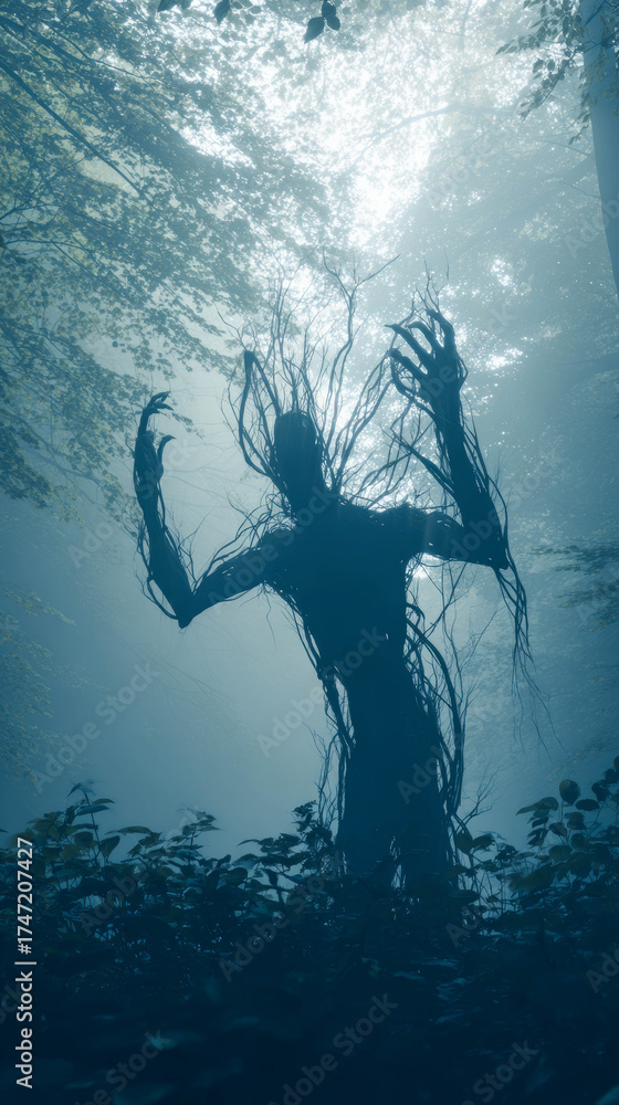 Obraz premium Mysterious silhouette of a creature with branches in a foggy forest environment