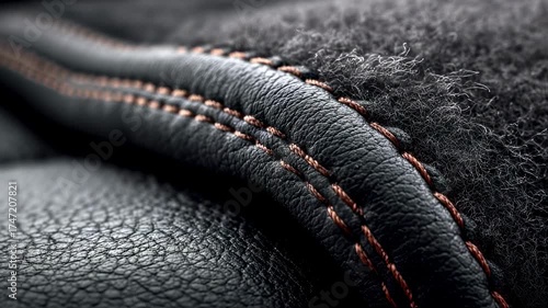 Closeup medium shot showcasing duallayer hybrid leather emphasizing the stitching and tactility of natural leather combined with synthetic backing blurred out.