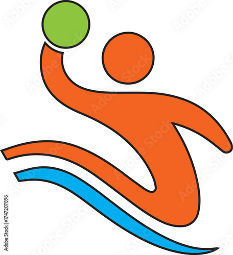 Orange figure throwing green ball with blue swoosh graphic design handball sport
