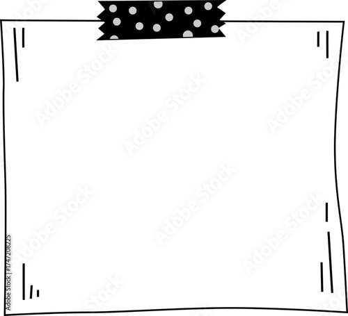 Hand-drawn paper note illustration attached by washi tape strip with subtle linework and clean square shape.