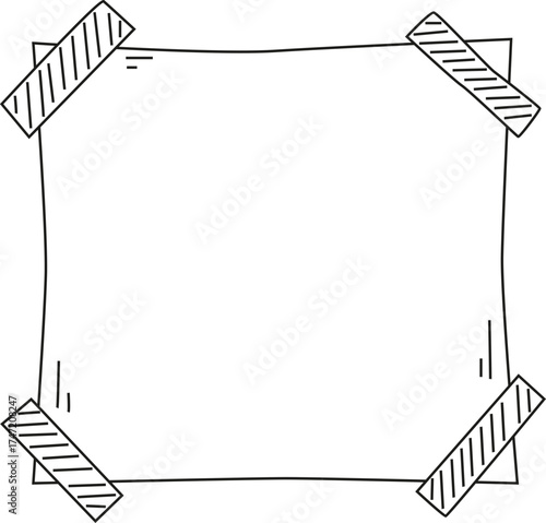 Illustration of paper note fixed with four sticky tape strips forming a framed square with sketched organic lines.