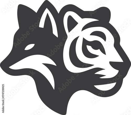 Stylized dark grey wolf and tiger head profile graphic design animal