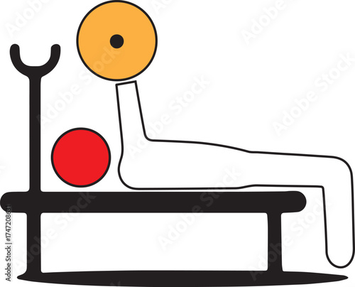 Stylized illustration of a person lying on a weight bench performing a bench press with orange and red weights