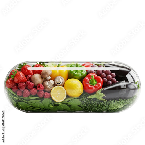 Large pill-shaped capsule filled with colorful fruits and vegetables symbolizing modern nutrition and health, merging food and medicine concepts in clean design