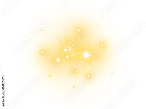 Golden star sun sparkle cluster and glitter light glowing effect with shimmer and bright illumination creating ethereal festive overlay on transparent background