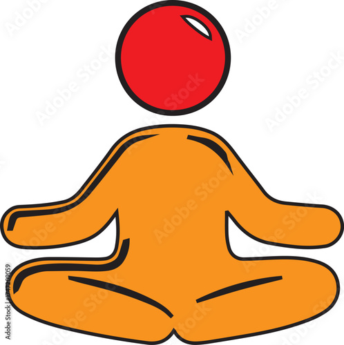 Stylized orange figure with red head meditating in lotus pose on white background meditation yoga