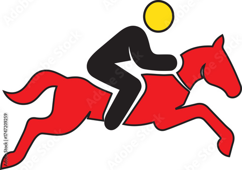 Stylized red horse and rider icon with yellow circle head on white background jockey racing