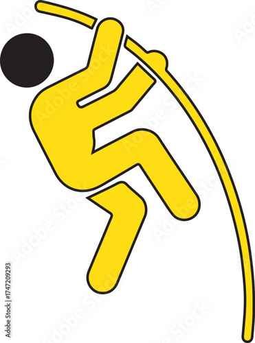 Stylized yellow figure with black head pole vaulting over a yellow pole against a white background athlete