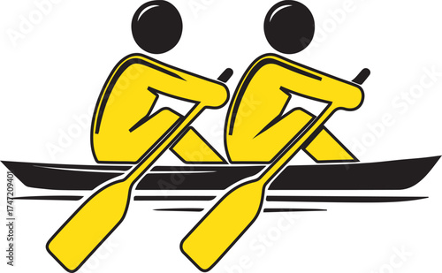 Two abstract figures in yellow and black rowing a boat with oars on white background canoe kayak