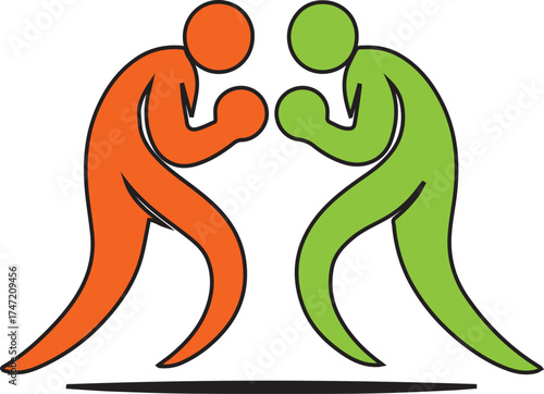 Two stylized figures in orange and green boxing stance facing each other with black outlines on a white background