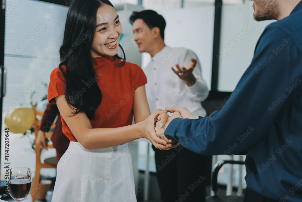 Obraz premium Diversity, dinner and group of people toast celebration together at party. Friends, happy and celebrate with food, wine and friendship for love, support and cheers champagne at business function