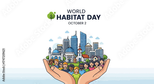 Celebrating World Habitat Day October 2nd: Diverse community and architecture in nurturing hands, symbolizing unity, protection, and sustainable urban development for the future