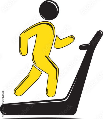 Yellow figure running on black treadmill graphic with white background fitness exercise