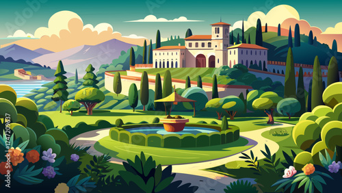 Very beautiful view of Parco Giardino Sigurtà with the castle of Valeggio sul Mincio in the background, Verona, Veneto, Italy, vector-style illustration highlighting lush gardens, historic architectur
