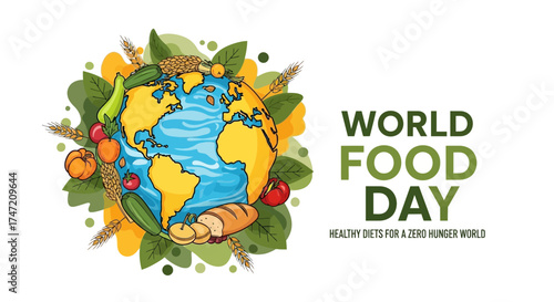Celebrate World Food Day with a vibrant illustration of the earth surrounded by healthy, fresh food promoting sustainable diets and zero hunger, raising awareness globally