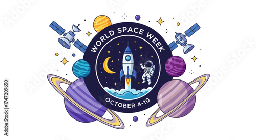 Celebrate World Space Week October 4-10 with this vibrant design featuring a rocket launch, astronaut, planets, and satellites, perfect for educational resources and inspiring future explorers