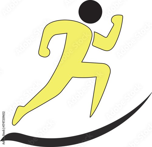 Yellow running figure with black head and black curved line below runner person