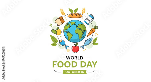Celebrate World Food Day with an Earth-inspired design featuring bread, milk, fish, fruit, and vegetables, promoting global food security and healthy eating habits for a sustainable future