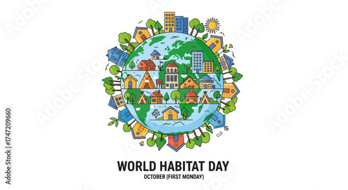 Celebrate World Habitat Day with a vibrant illustration of diverse homes surrounding Earth, promoting community, sustainability, and global unity for a brighter future