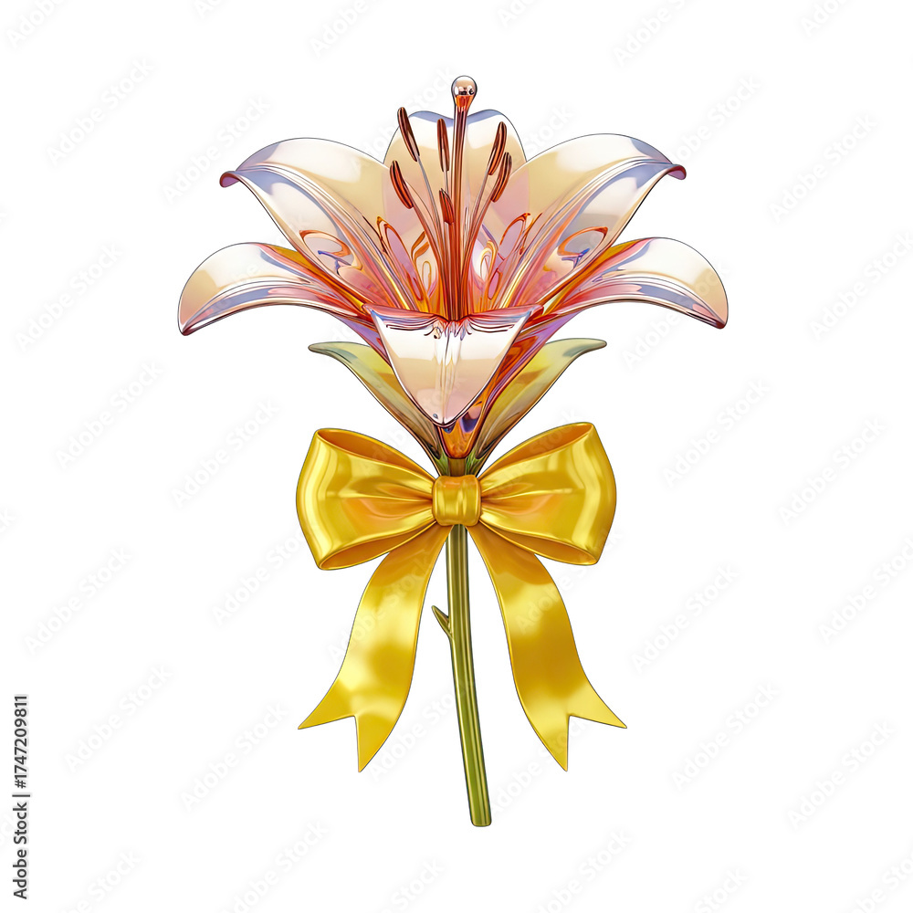 Fototapeta premium A single beautiful lily flower with intricate detail and vibrant petals, adorned with a delicate yellow ribbon, epitomizing elegance and floral artistry.