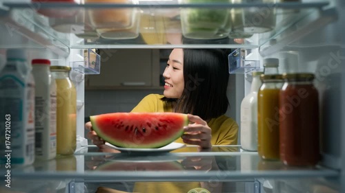 Asian woman putting groceries in fridge, fresh food storage and lifestyle concept
