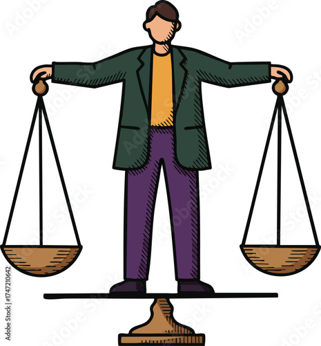 Person balancing scales on a weighing balance symbolizing justice and fairness concept vector illustration 