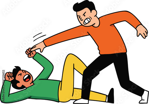 Man Aggressively Attacking Another Man in Orange and Green Clothes Illustration Vector 