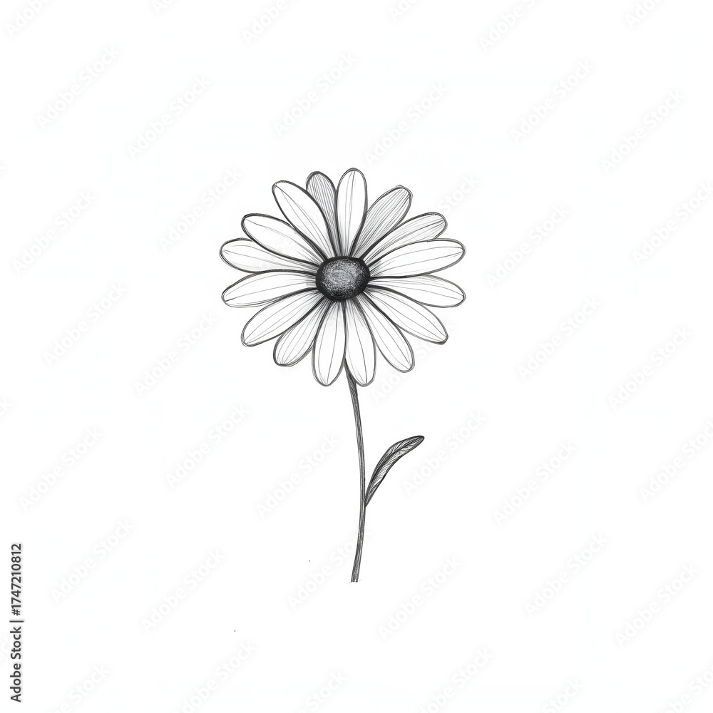 Fototapeta premium Minimal flower outline, a daisy or tulip, with few petals, black on white