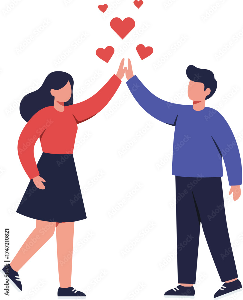 Obraz premium Couple giving high five with red hearts above celebrating love and connection in simple flat style vector illustration 