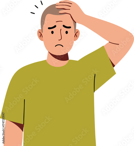 Worried man touching head with anxious expression in olive green shirt vector illustration 
