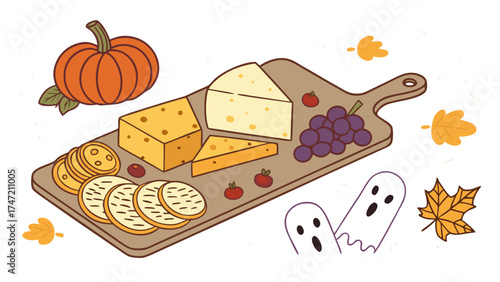 Halloween cheese board with assorted cheeses, grapes, and crackers beside decorative pumpkin and autumn leaves. Halloween-themed cheese board adds festive flair to gatherings or events