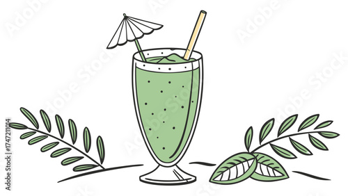 Refreshing green smoothie drink garnished with mini umbrella and straw, showcasing mint leaves on white background. This green smoothie concept is perfect for health blogs, recipes