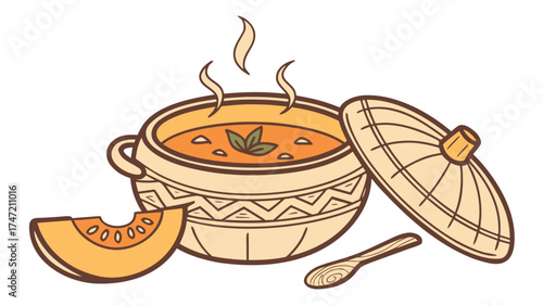 Pumpkin soup in cauldron with steam and slice of pumpkin beside. Delicious pumpkin soup served in decorative bowl with lid, garnished with herbs.