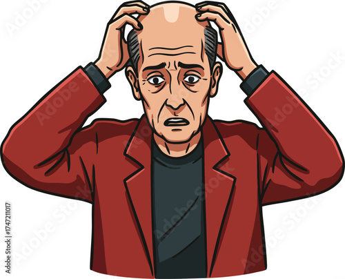 Worried bald elderly man with red jacket holding his head in stress and anxiety vector illustration 