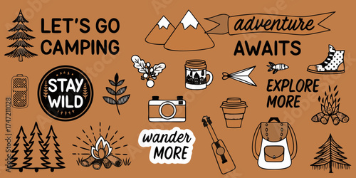 Hand drawn camping and adventure icons with inspirational quotes for outdoor enthusiasts