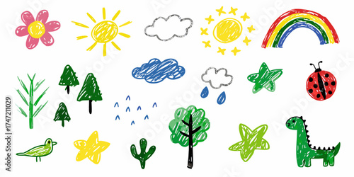 Collection of hand drawn childlike illustrations of nature elements and animals on white background