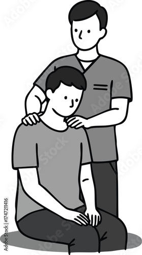 Male physiotherapist providing shoulder massage to seated male patient in black and white vector illustration 