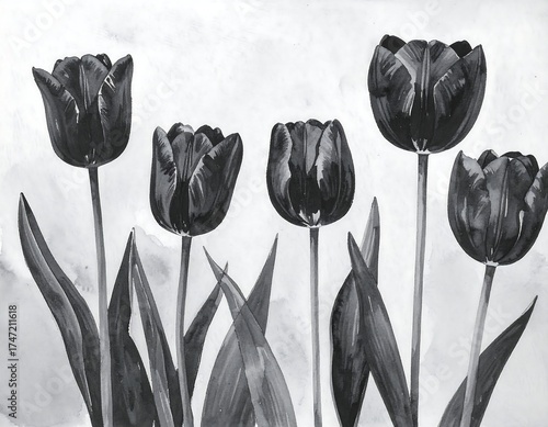 Monochrome tulips in watercolor style