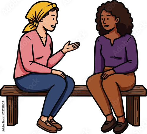 Two diverse women having conversation sitting on wooden bench casual clothing vector illustration 