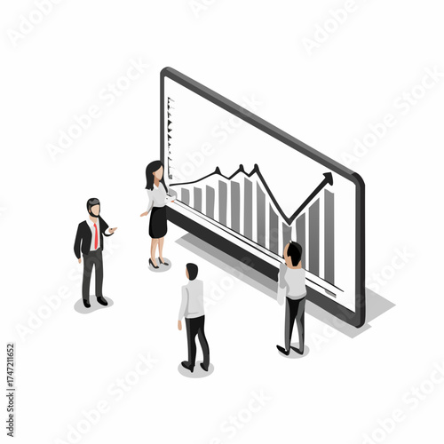Isometric illustration of people analyzing a large chart with a fluctuating trend line graph