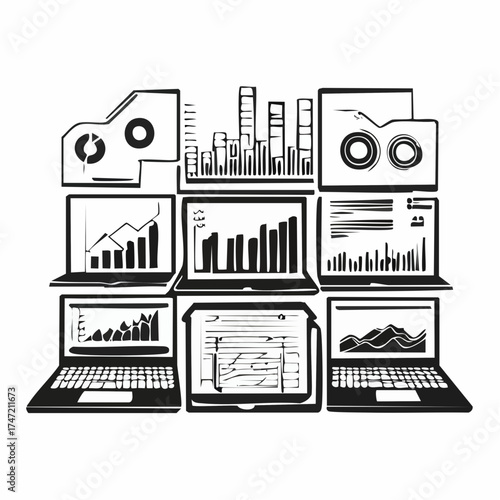 Multiple windows displaying various types of data charts and graphs for business and statistical analysis